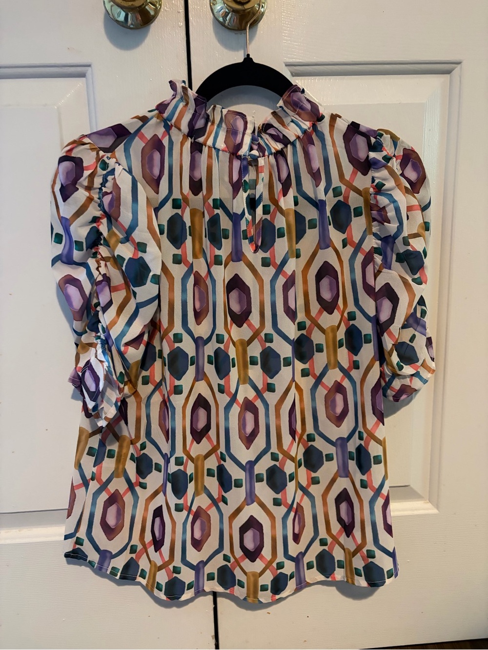 THML Geometric Ruffle Neck Blouse - Purple, Gold, Teal - Picture 6 of 7